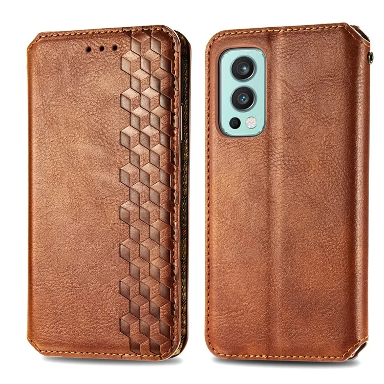 For OnePlus Nord 2 5G PU Leather Case Rhombus Imprint Wallet Stand Phone Cover - Brown