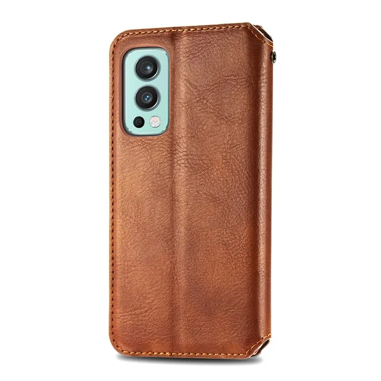 For OnePlus Nord 2 5G PU Leather Case Rhombus Imprint Wallet Stand Phone Cover - Brown