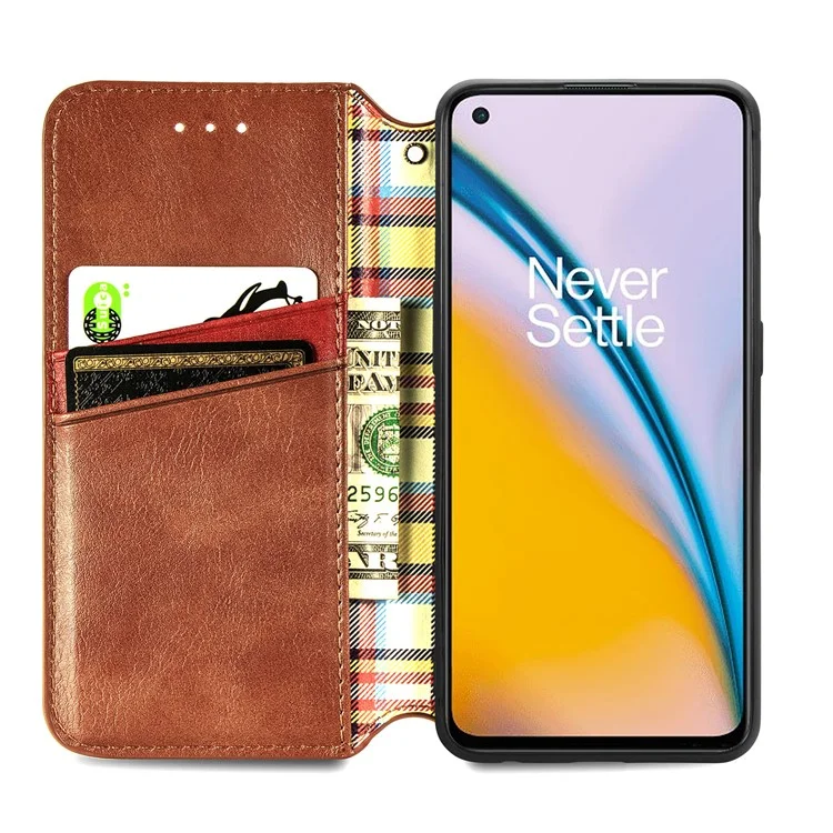 For OnePlus Nord 2 5G PU Leather Case Rhombus Imprint Wallet Stand Phone Cover - Brown