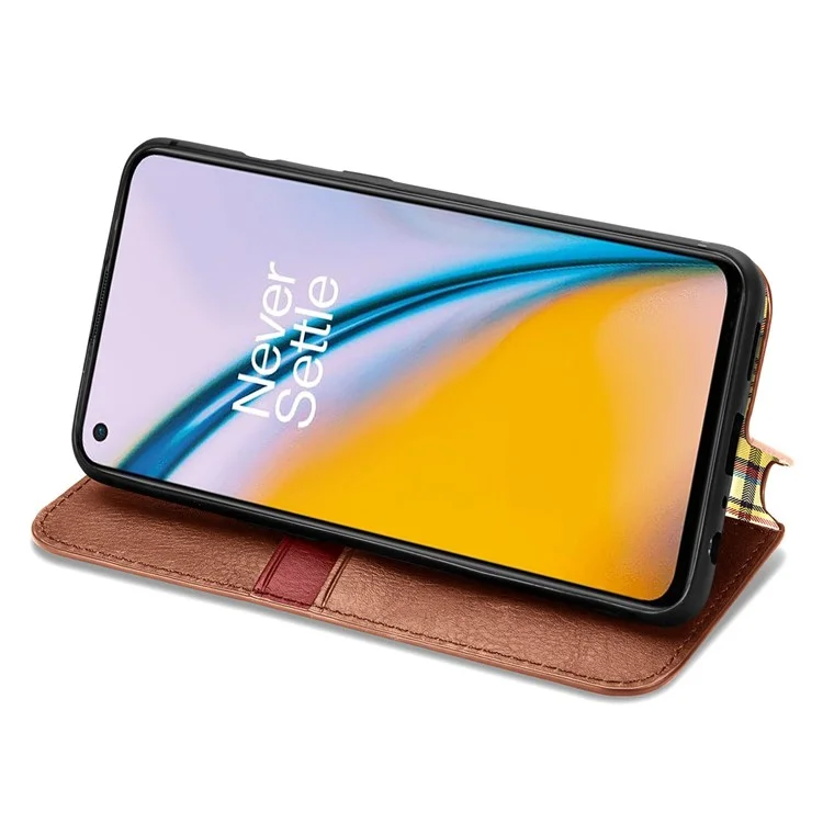 For OnePlus Nord 2 5G PU Leather Case Rhombus Imprint Wallet Stand Phone Cover - Brown