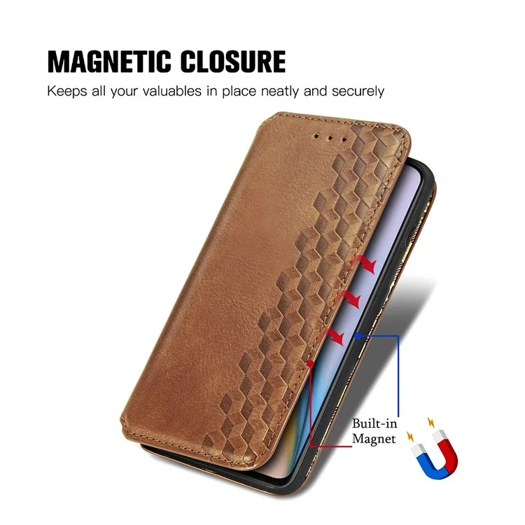 For OnePlus Nord 2 5G PU Leather Case Rhombus Imprint Wallet Stand Phone Cover - Brown