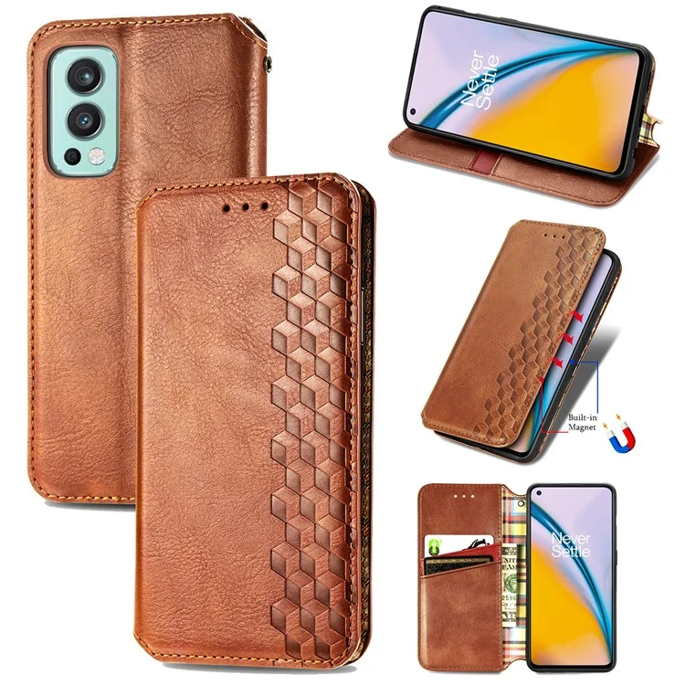 For OnePlus Nord 2 5G PU Leather Case Rhombus Imprint Wallet Stand Phone Cover - Brown