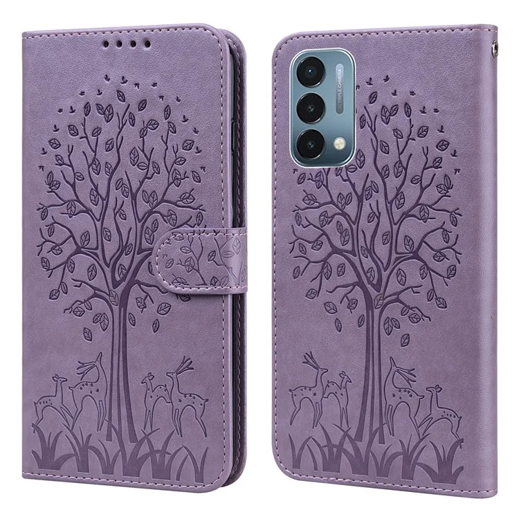 Patrón de Ciervos de Árbol Impreso Protector de Cobertura de Teléfono de Cuero Con Soporte de Billetera Para OnePlus Nord N200 5G - Violeta