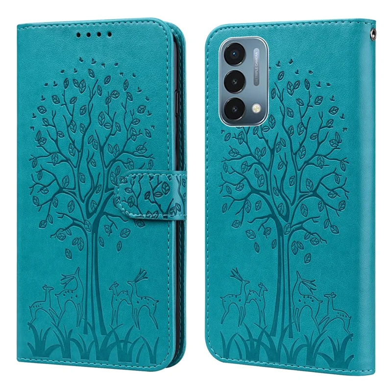 Imprinted Tree Deer Pattern PU Leather Phone Cover Protector with Wallet Stand for OnePlus Nord N200 5G - Blue