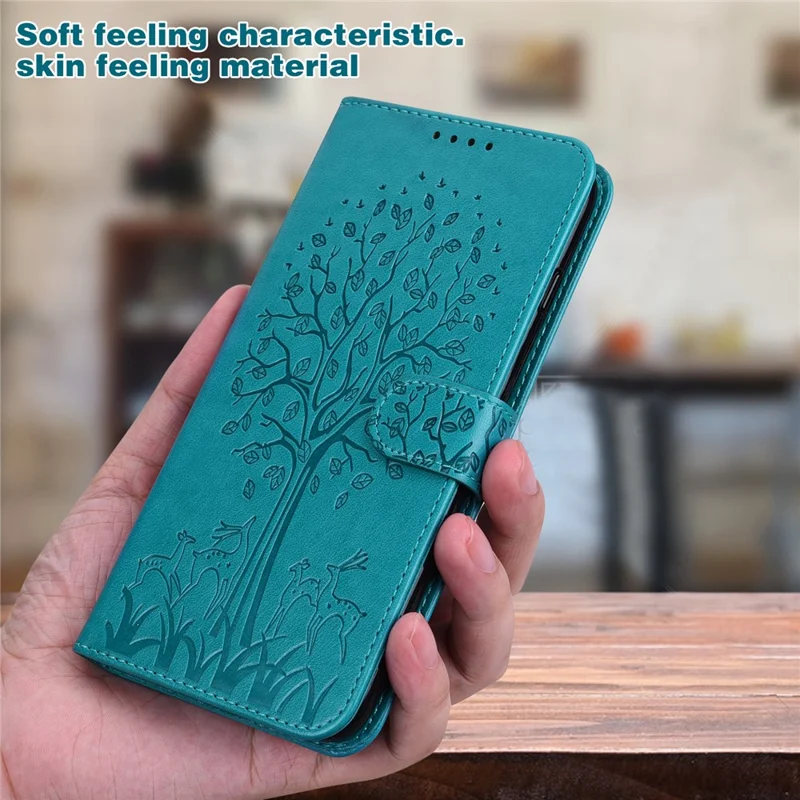 Imprinted Tree Deer Pattern PU Leather Phone Cover Protector with Wallet Stand for OnePlus Nord N200 5G - Blue