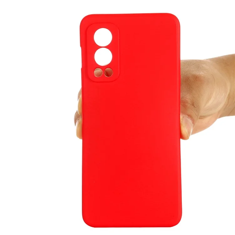 Microfiber Liner Flüssiges Silikongehäuse Handycover mit praktischem Trageriemen für OnePlus Nord 2 5G - Rot