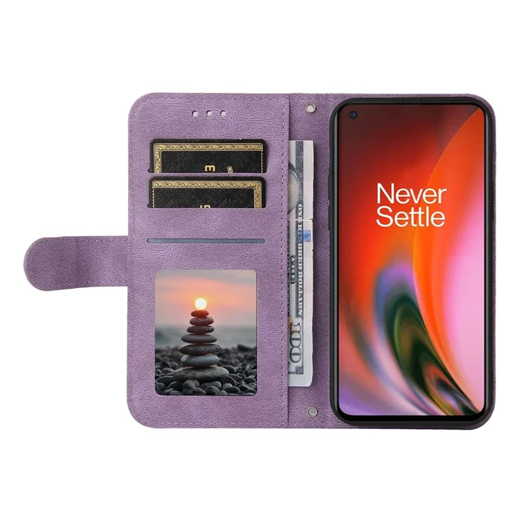 Handy Strap PU Leather Wallet Stand Design Tree Pattern Metal Button Decor Cover Phone Case with for OnePlus Nord 2 5G - Purple