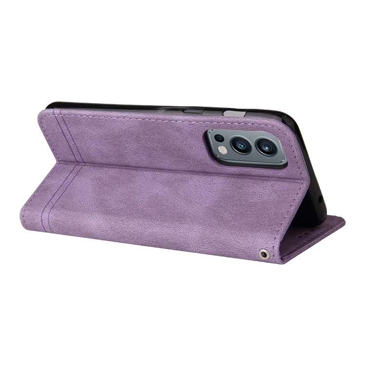 Handy Strap PU Leather Wallet Stand Design Tree Pattern Metal Button Decor Cover Phone Case with for OnePlus Nord 2 5G - Purple