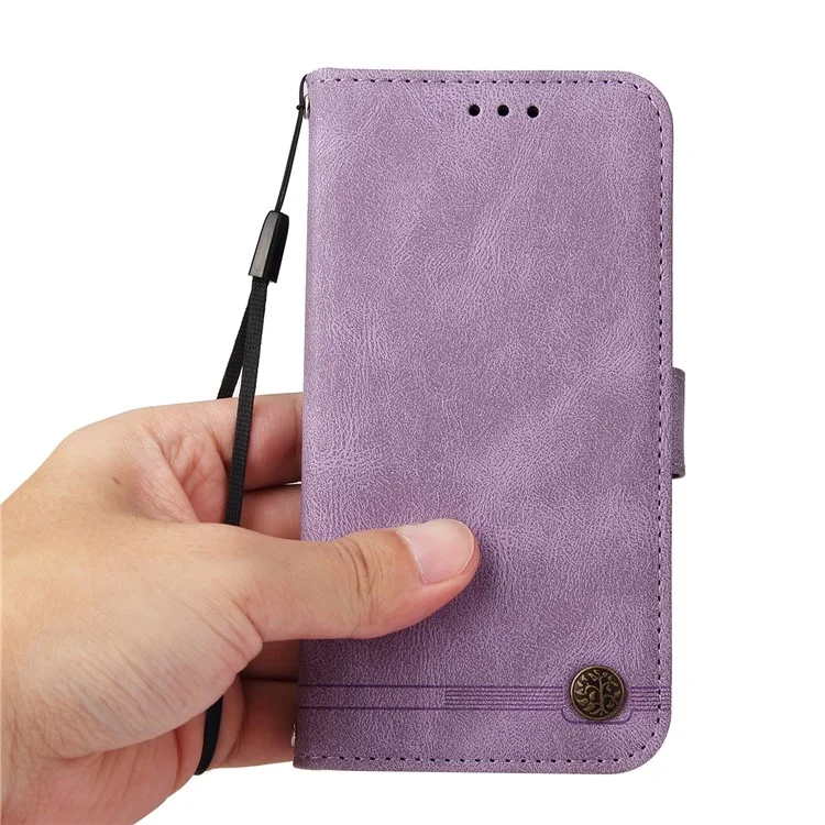 Handy Strap PU Leather Wallet Stand Design Tree Pattern Metal Button Decor Cover Phone Case with for OnePlus Nord 2 5G - Purple