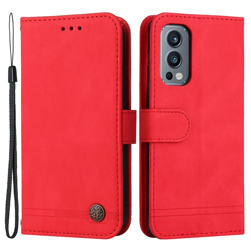 For OnePlus Nord 2 5G Leather Wallet Cases Skin Touch Phone Cover Stand with Strap - Red