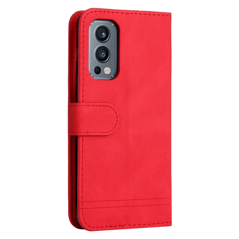 For OnePlus Nord 2 5G Leather Wallet Cases Skin Touch Phone Cover Stand with Strap - Red