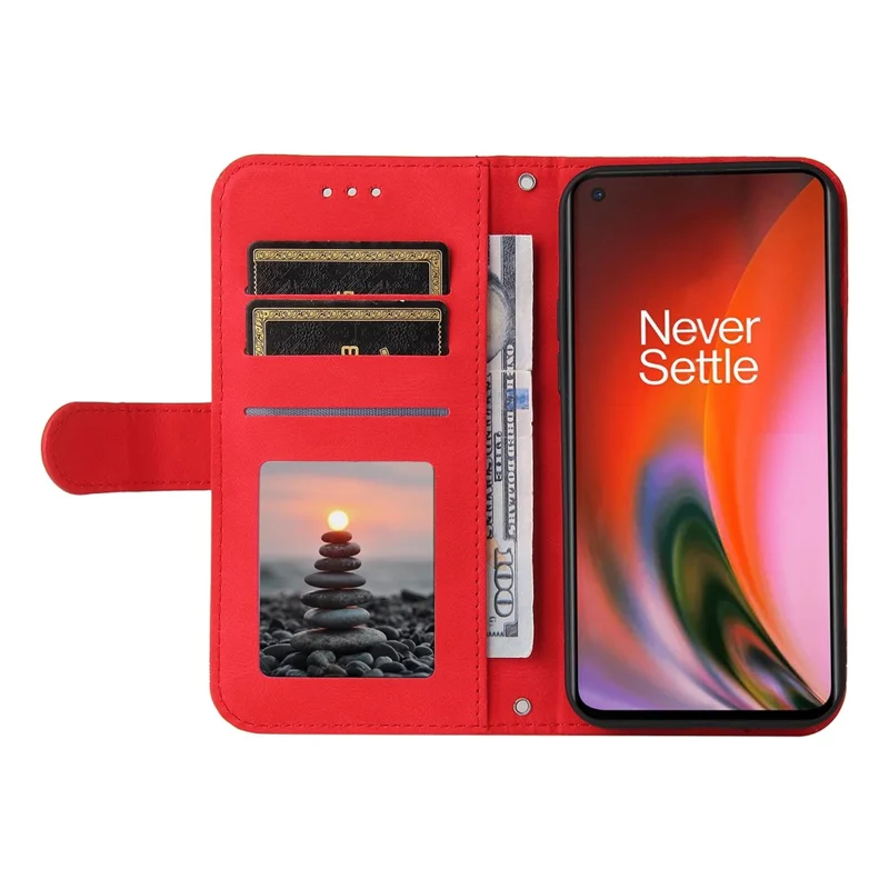 For OnePlus Nord 2 5G Leather Wallet Cases Skin Touch Phone Cover Stand with Strap - Red