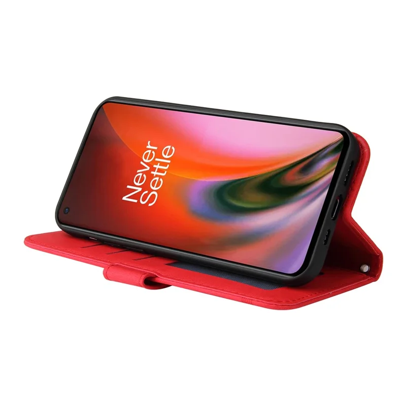 For OnePlus Nord 2 5G Leather Wallet Cases Skin Touch Phone Cover Stand with Strap - Red