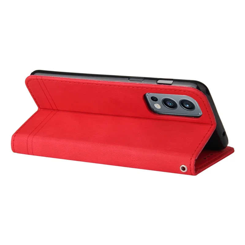 For OnePlus Nord 2 5G Leather Wallet Cases Skin Touch Phone Cover Stand with Strap - Red