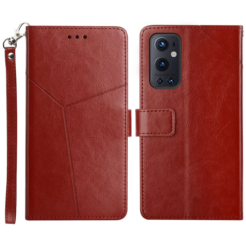 Shock Buffer Soft Inner TPU + Outer PU Leather Y-shaped Line Imprinting Phone Wallet Shell Stand Cover for OnePlus 9 Pro - Wine Red