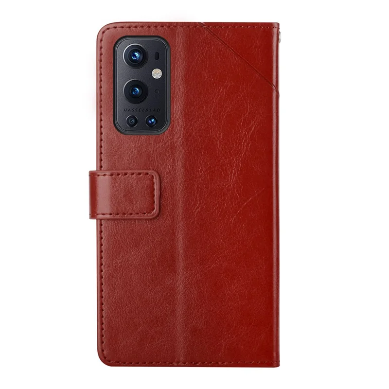 Shock Buffer Soft Inner TPU + Outer PU Leather Y-shaped Line Imprinting Phone Wallet Shell Stand Cover for OnePlus 9 Pro - Wine Red