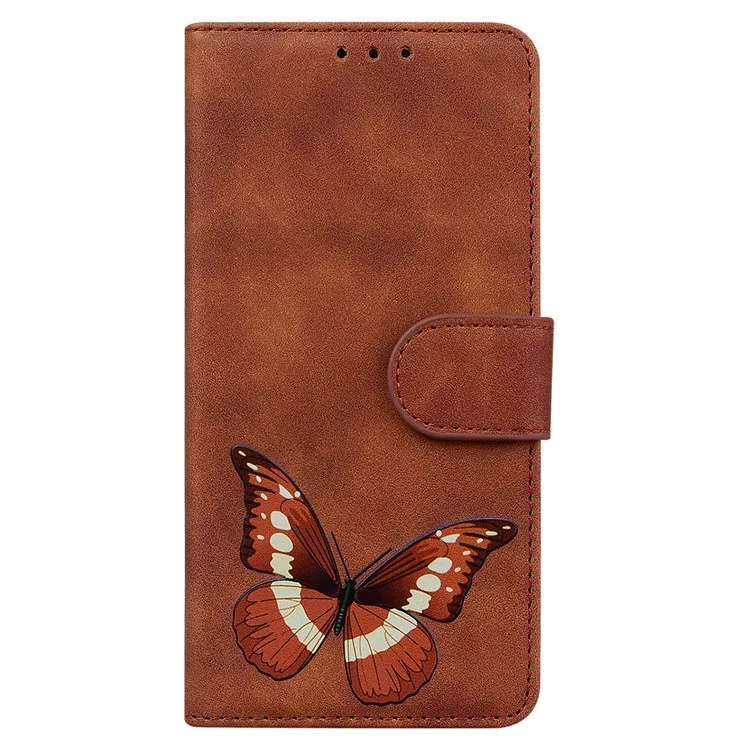 Big Butterfly Pattern Printing Shock Absorbing Skin-touch PU Leather Phone Cover Wallet Stand Shell for OnePlus Nord N200 5G - Brown