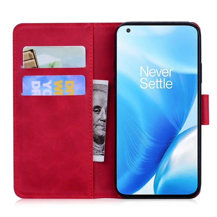 Big Butterfly Pattern Stampa Scossa Assorbente Skin-touch PU Copertura Del Telefono Con Coperchio Del Supporto Del Portafoglio Per OnePlus Nord N200 5G - Rosso
