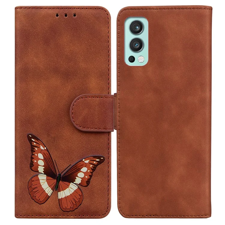 Stylish Big Butterfly Printing Design Skin-touch PU Leather Stand Wallet Flip Phone Cover for OnePlus Nord 2 5G - Brown