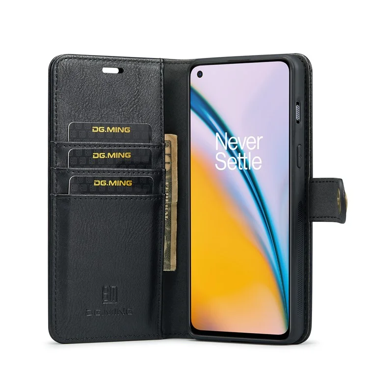 DG.MING Split Leather Stand Wallet Full Protection Cover Shell Detachable 2-in-1 Phone Case for OnePlus Nord 2 5G - Black