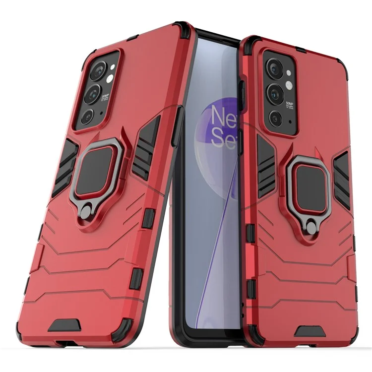 Hybrid Duty TPU + Hard PC Protective Case with Metal Ring Kickstand for OnePlus 9RT 5G - Red