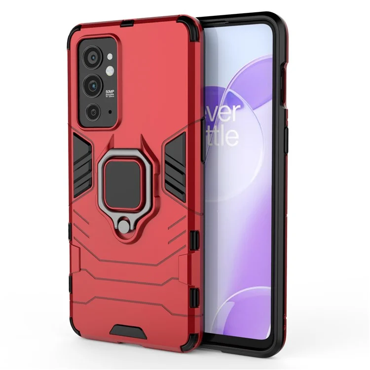Hybrid Duty TPU + Hard PC Protective Case with Metal Ring Kickstand for OnePlus 9RT 5G - Red