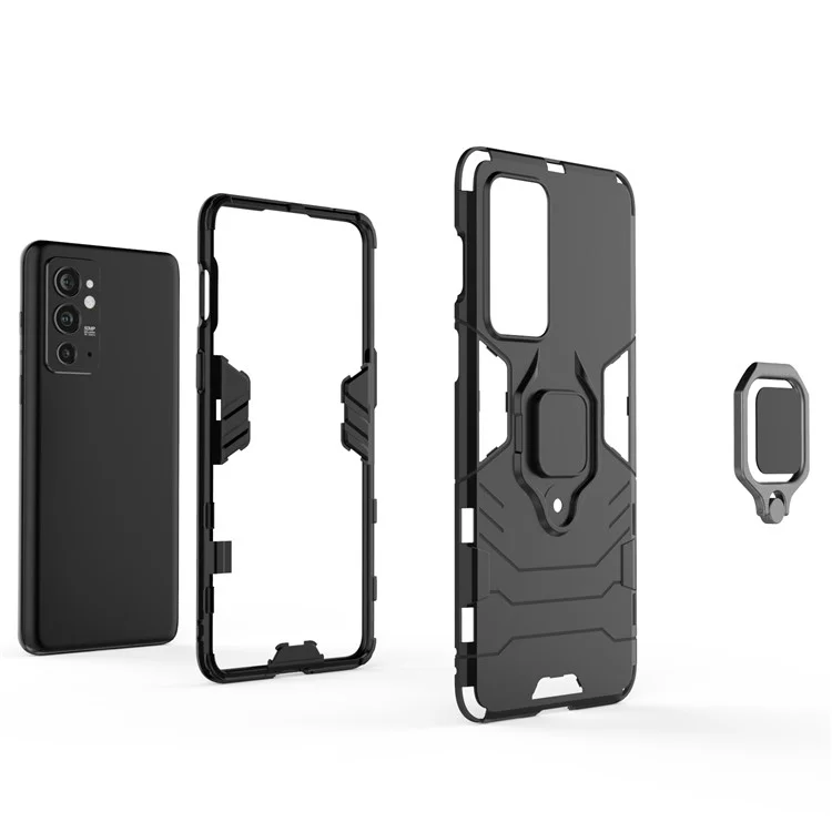 Hybrid Duty TPU + Hard PC Protective Case with Metal Ring Kickstand for OnePlus 9RT 5G - Red