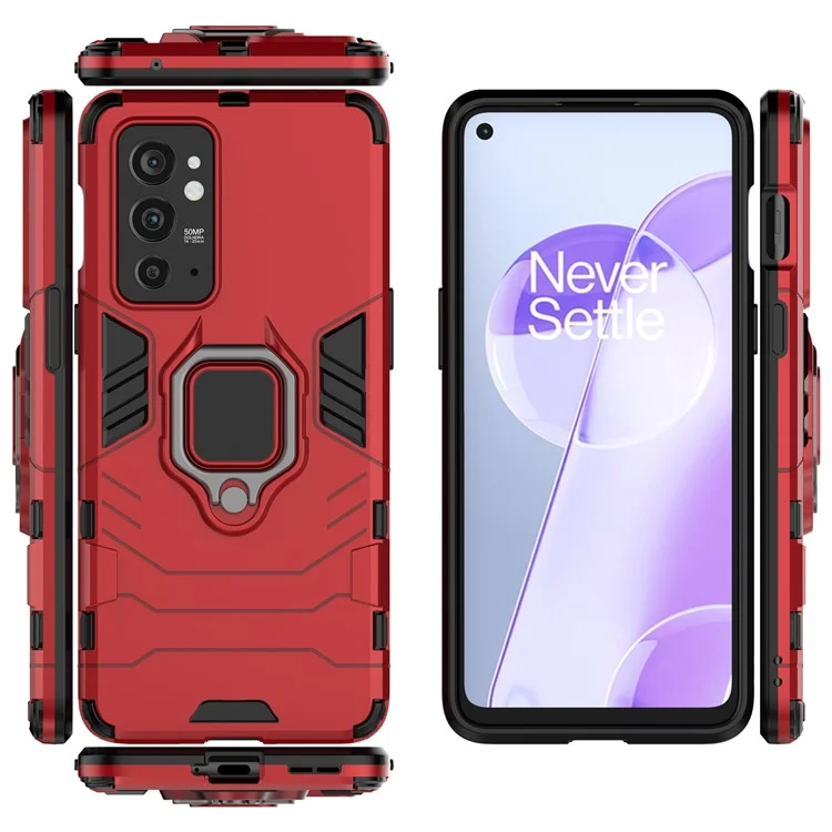 Hybrid Duty TPU + Hard PC Protective Case with Metal Ring Kickstand for OnePlus 9RT 5G - Red