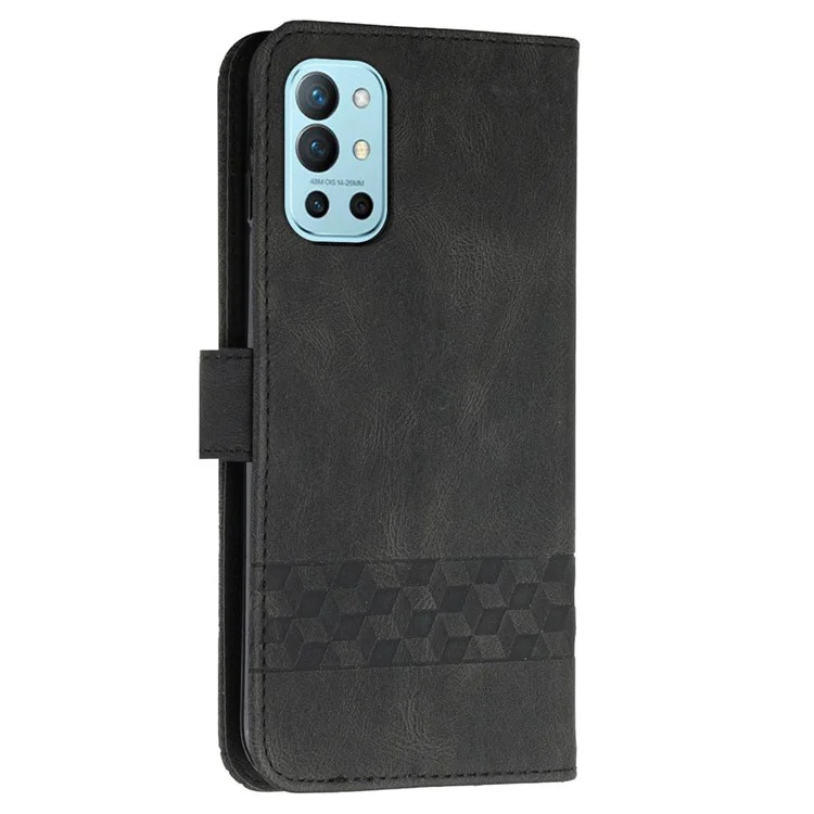 YX0010 Rhombus Lines Imprinting Skin-touch Feel Leather Flip Cover + Soft Inner Shell Stand Wallet Case for OnePlus 9R - Black