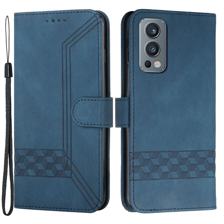YX0010 Impresión de líneas de rombo PU Leather Phone Case Well-protected Anti-fall Cartera Soporte Shell con Correa para OnePlus Nord 2 5G - Zafiro
