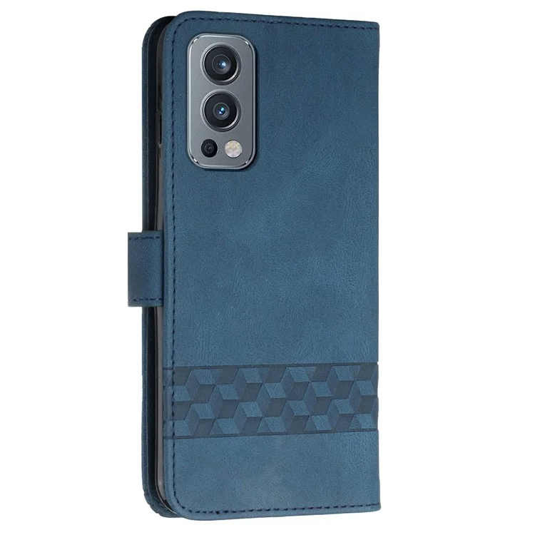 YX0010 Impresión de líneas de rombo PU Leather Phone Case Well-protected Anti-fall Cartera Soporte Shell con Correa para OnePlus Nord 2 5G - Zafiro