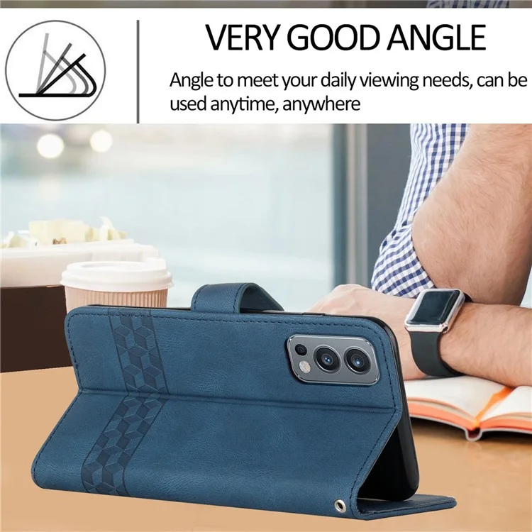 YX0010 Impresión de líneas de rombo PU Leather Phone Case Well-protected Anti-fall Cartera Soporte Shell con Correa para OnePlus Nord 2 5G - Zafiro