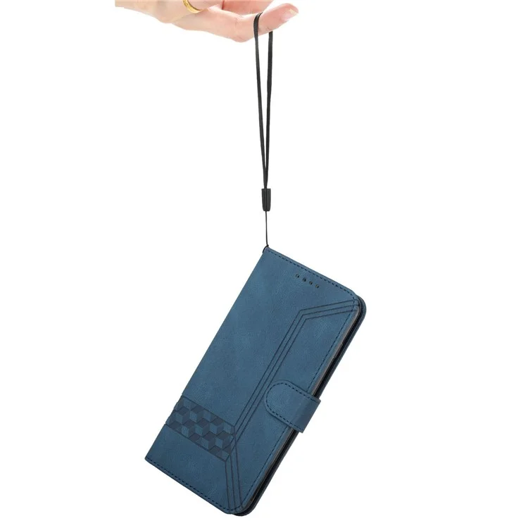 YX0010 Impresión de líneas de rombo PU Leather Phone Case Well-protected Anti-fall Cartera Soporte Shell con Correa para OnePlus Nord 2 5G - Zafiro