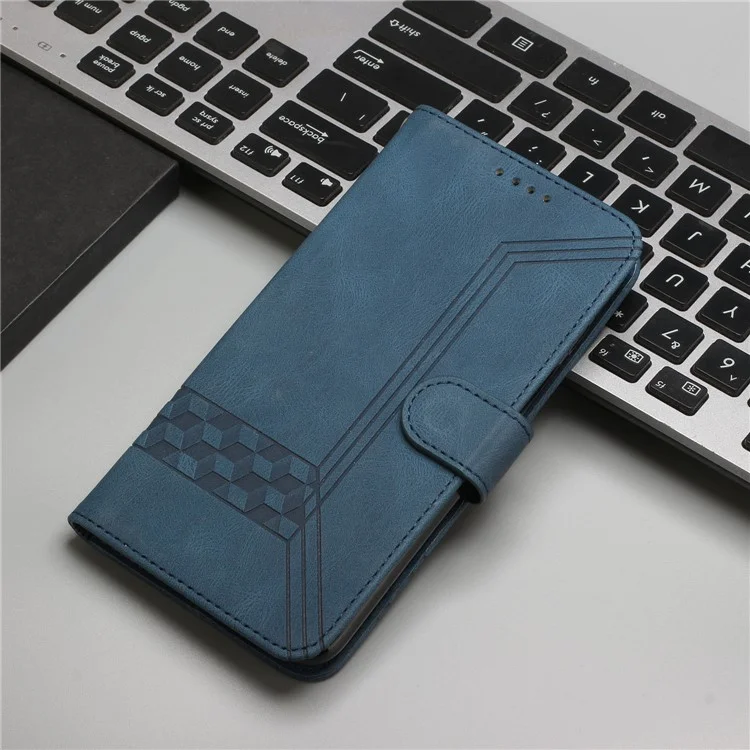 YX0010 Impresión de líneas de rombo PU Leather Phone Case Well-protected Anti-fall Cartera Soporte Shell con Correa para OnePlus Nord 2 5G - Zafiro