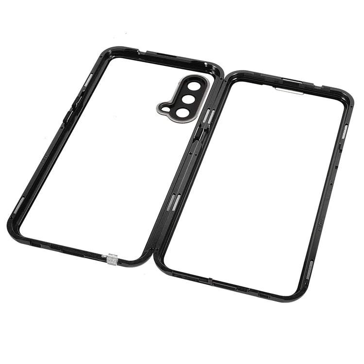 Étui de téléphone en verre trempé double face + Cadre en métal avec serrure Couvercle ultra clair pour OnePlus Nord CE 5G - Noir