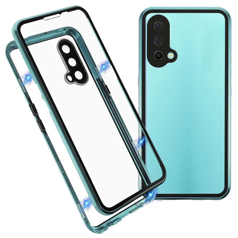 Double Side Tempered Glass Phone Case + Metal Frame with Lock Ultra Clear Cover for OnePlus Nord CE 5G - Green