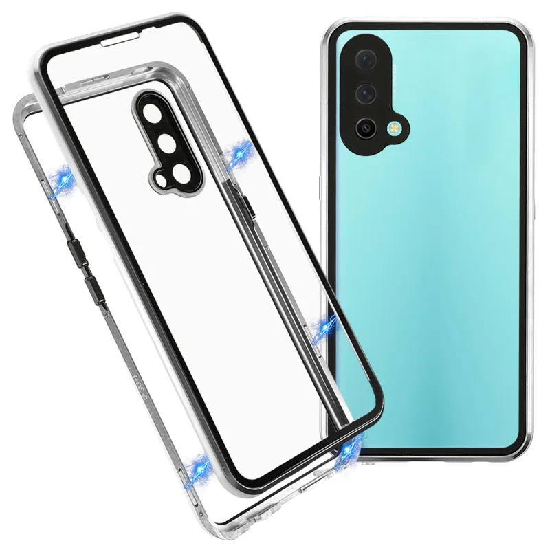 Double Side Tempered Glass Phone Case + Metal Frame with Lock Ultra Clear Cover for OnePlus Nord CE 5G - Silver