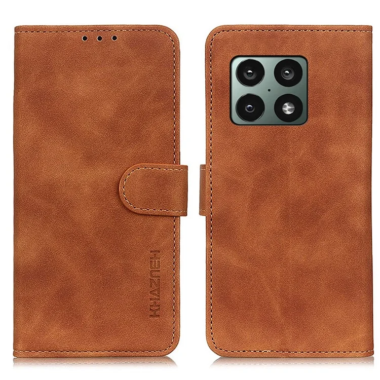 KHAZNEH Vintage PU Leather Magnetic Flip Cover Wallet Stand Full Body Protective Phone Case for OnePlus 10 Pro 5G - Brown