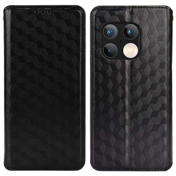 PU Leather Cover + Inner TPU Phone Case 3D Rhombus Pattern Shockproof Protector with Stand Wallet for OnePlus 10 Pro 5G - Black