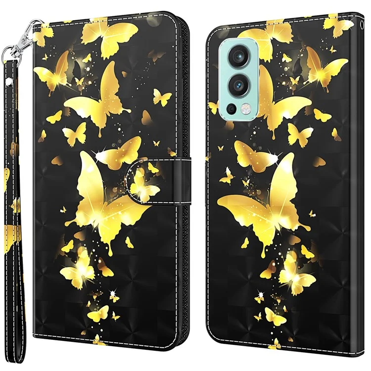 3D Pattern Printing Scratch-resistant Phone Cover PU Leather Wallet Stand Phone Case with Strap for OnePlus Nord 2 5G - Golden Butterfly