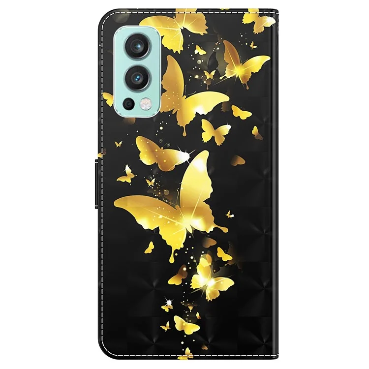 3D Pattern Printing Scratch-resistant Phone Cover PU Leather Wallet Stand Phone Case with Strap for OnePlus Nord 2 5G - Golden Butterfly