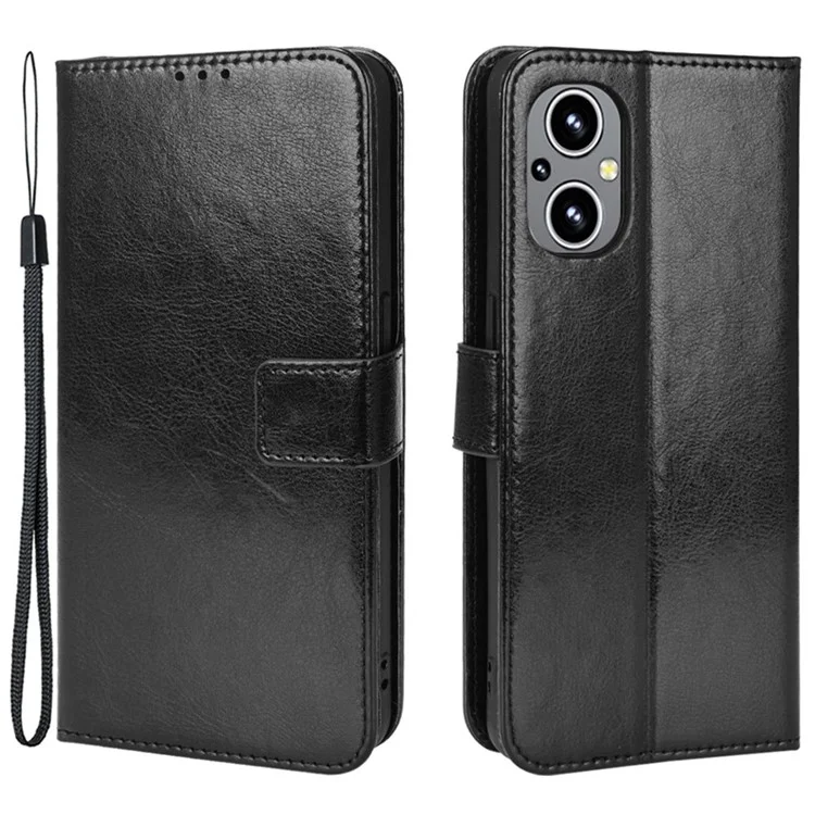 Para OnePlus Nord N20 5G / Oppo Reno7 Z 5G / Reno7 Lite / A96 (China) / Reno8 Lite 5G / F21 Pro 5G / Reno8 Z 5G Crazy Horse Texture Foldable Stand PU Leather Wallet Folio Flip Phone Case with Wrist Strap - Black
