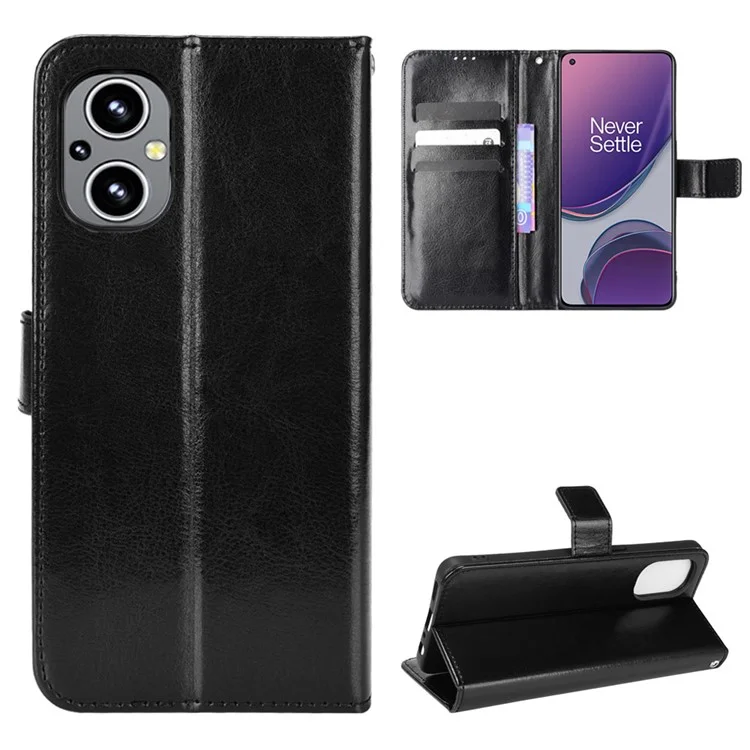 Para OnePlus Nord N20 5G / Oppo Reno7 Z 5G / Reno7 Lite / A96 (China) / Reno8 Lite 5G / F21 Pro 5G / Reno8 Z 5G Crazy Horse Texture Foldable Stand PU Leather Wallet Folio Flip Phone Case with Wrist Strap - Black