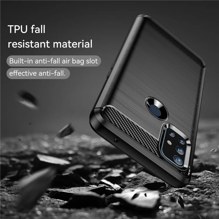 Funda de teléfono con diseño de cojín de aire de 1.8mm, prevención de manchas, cubierta de teléfono con textura de fibra de carbono y superficie cepillada para OnePlus Nord N10 5G - Negro
