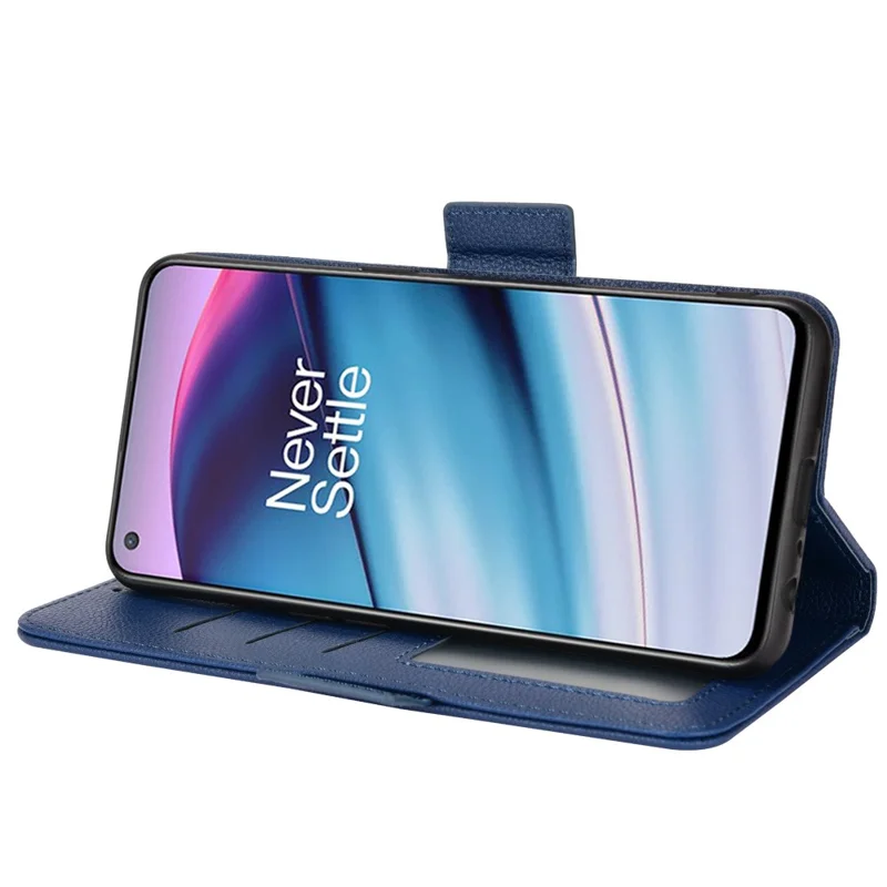 Litchi Texture PU Leather Wallet Magnetic Closure Cover Stand Flip Folio Shockproof Phone Case for OnePlus Nord CE 5G - Dark Blue