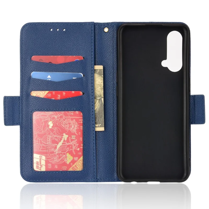 Litchi Texture PU Leather Wallet Magnetic Closure Cover Stand Flip Folio Shockproof Phone Case for OnePlus Nord CE 5G - Dark Blue