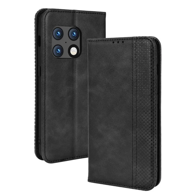 360 Graders Omviklet Retro Stil Printet Læderdæksel + TPU Inderside Etui Wallet Stands Telefondæksel til OnePlus 10 Pro 5G - Sort