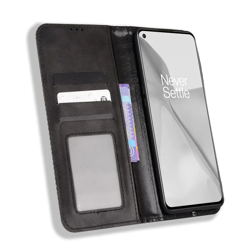 360 Graders Omviklet Retro Stil Printet Læderdæksel + TPU Inderside Etui Wallet Stands Telefondæksel til OnePlus 10 Pro 5G - Sort