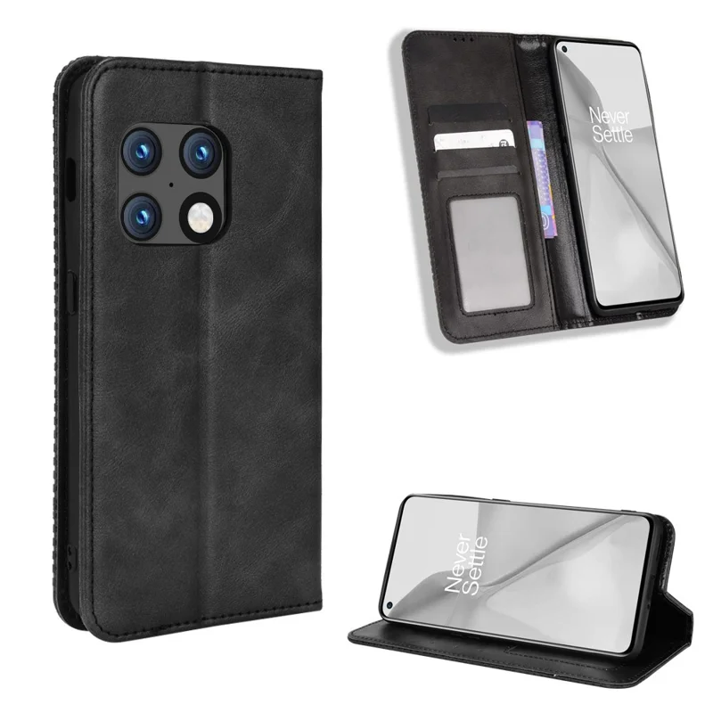 360 Graders Omviklet Retro Stil Printet Læderdæksel + TPU Inderside Etui Wallet Stands Telefondæksel til OnePlus 10 Pro 5G - Sort