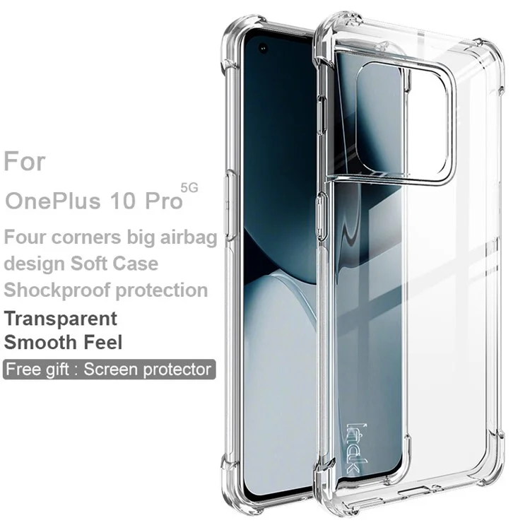 IMAK pour OnePlus 10 Pro 5G Anti-chute Anti-rayures Coins renforcés aux quatre coins Étui de téléphone portable en TPU souple avec protecteur d'écran - Transparent